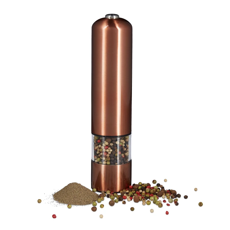 Relaxdays Electric Pepper Mill, Stainless Steel, Ceramic Grinder, Battery-Powered, Bronze, Large, 5 x 5 x 23 cm