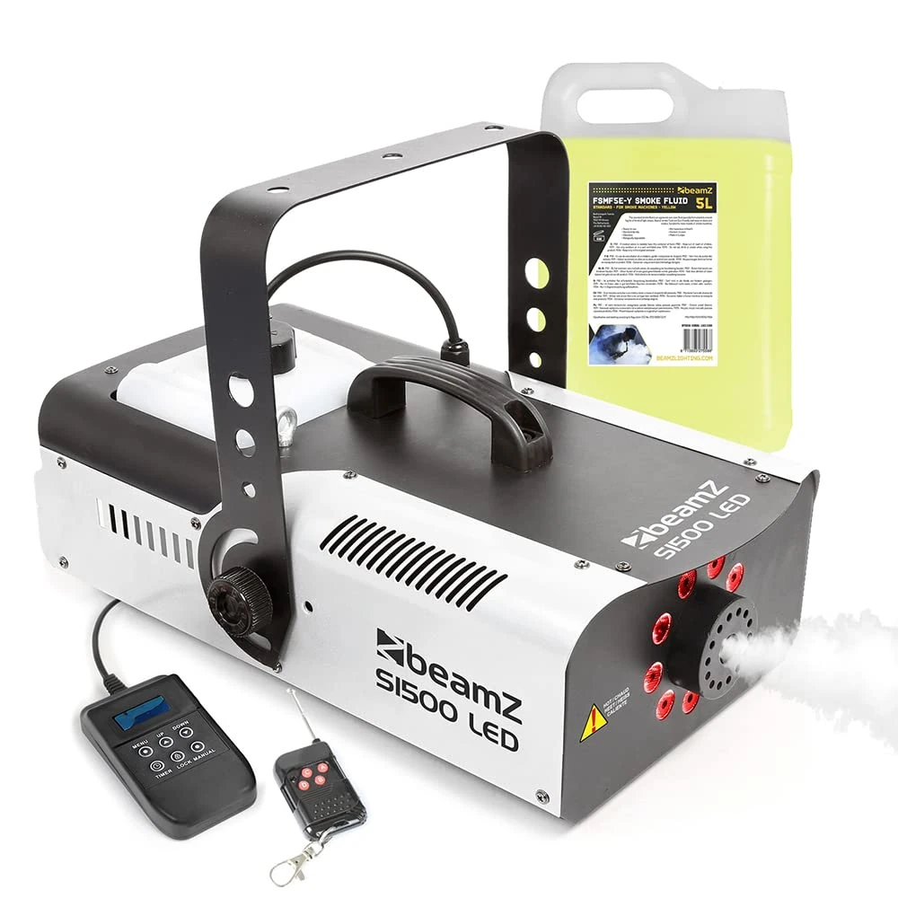 beamz S1500LED Fog Machine with Lights – 1500W Smoke Machine & Disco Lights with RGB LED, DMX Control, Timer, Wireless Remote & 5L Eco Fluid – Ideal for Halloween, DJ Events & Parties