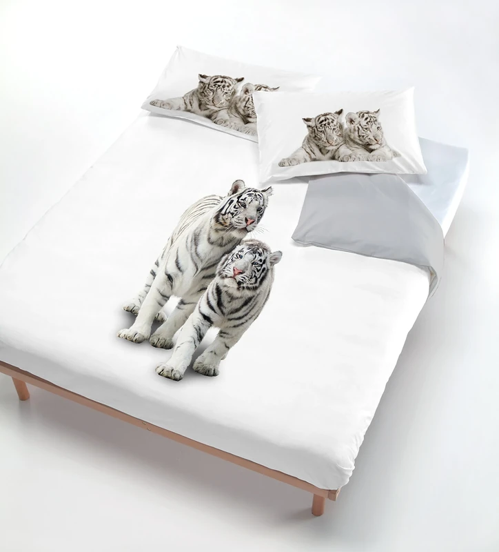 Italian Bed Linen Digital duvet cover set (bag sheet 250x200cm + 2 pillowcases 52x82cm),grey tiger, Linen, King
