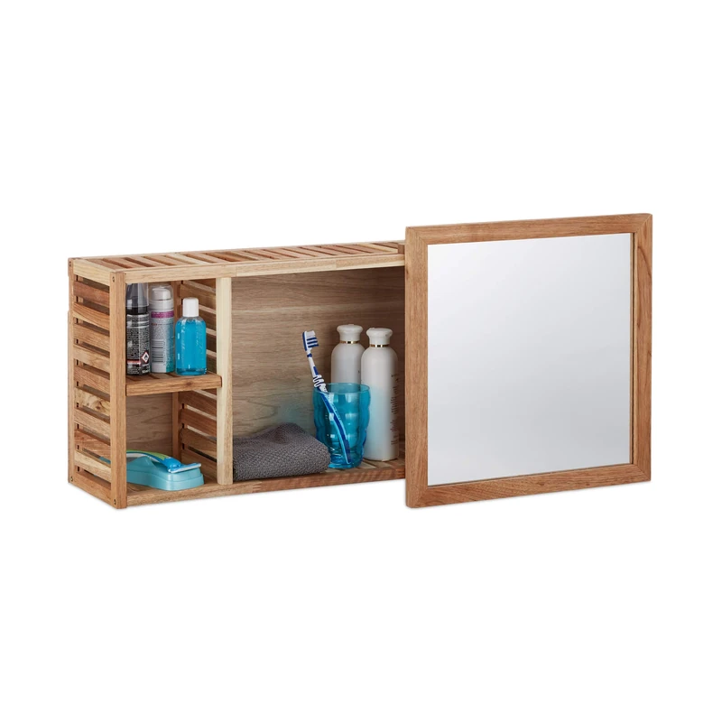 Relaxdays Mirror Bathroom Cabinet, Walnut Wood, Sliding Mirror, Oiled Wood, 80 cm Long, Natural Brown
