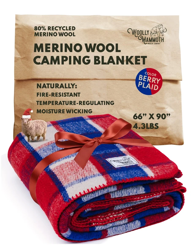 Woolly Mammoth Merino Wool Blanket- 66" x 90" 4 lbs Thick, Outdoor/Indoor Throw for Campfire, Picnic, Beach, Van Life, Home- Farmhouse Collection Heavy Duty Insulating Sleep Plaid, Red White & Blue
