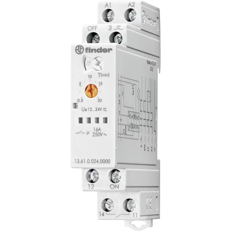 Finder 13 Series Electronic Telerruptor Off/On Switch, 16A, 12-24V AC/DC, DIN Rail Mount, Clamp Connector, Normally Open, 20 Min Switch-Off Delay