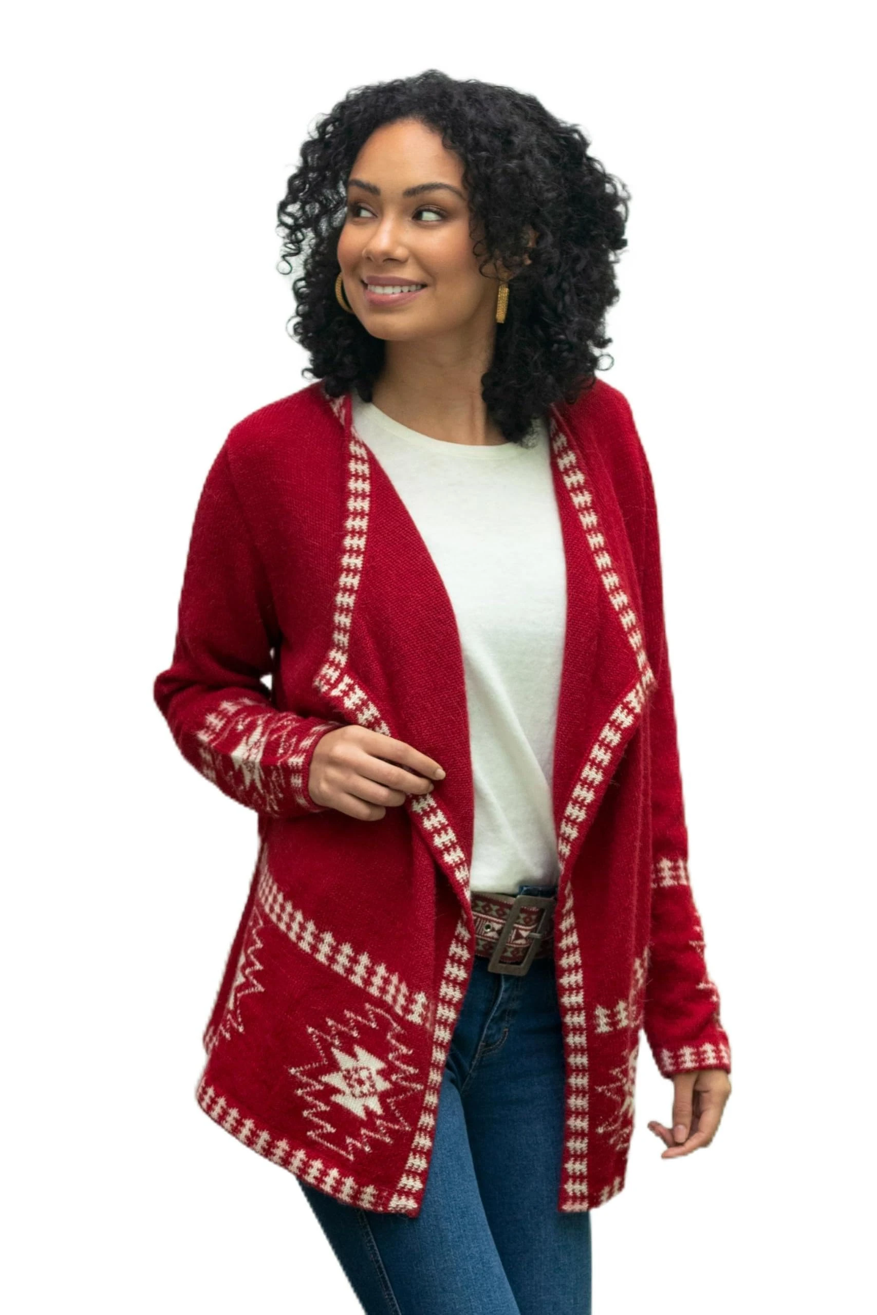 NOVICA Artisan Handmade 100% Alpaca Cardigan Red Wool with White Glyph Stars from Peru Clothing Sweater Aurora Cardigans Patterned Geometric ' Glyph Stars'