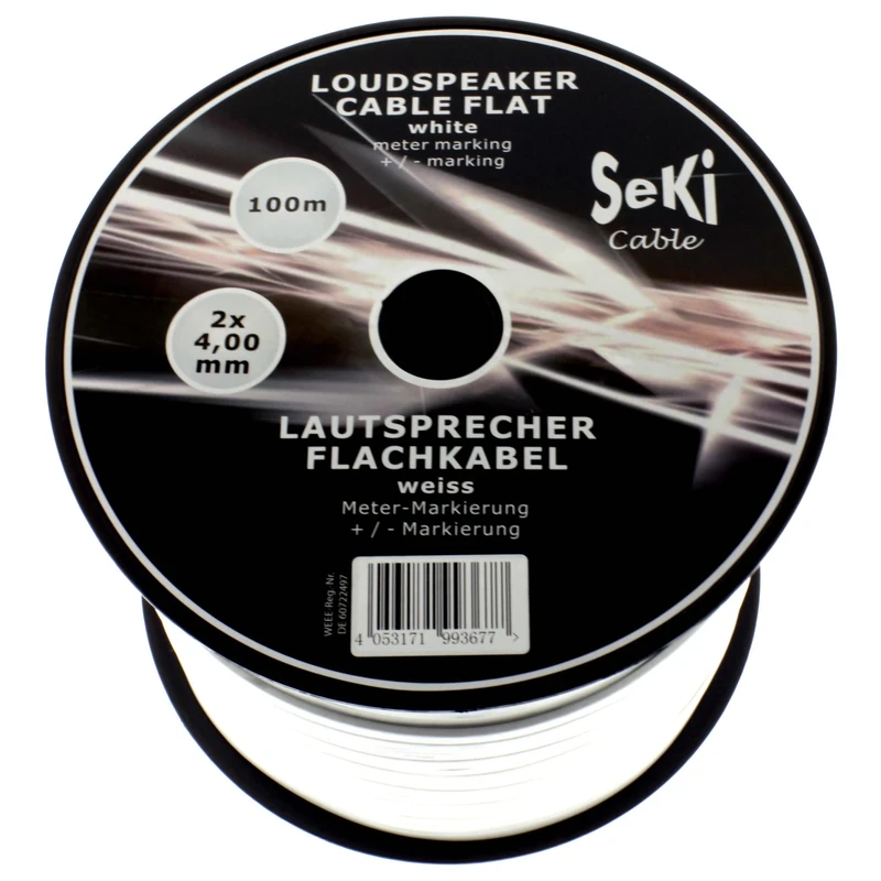 SeKi Speaker Cable Flat 2 x 4.0 mm² White 100 m Spool CCA Audio Box Cable