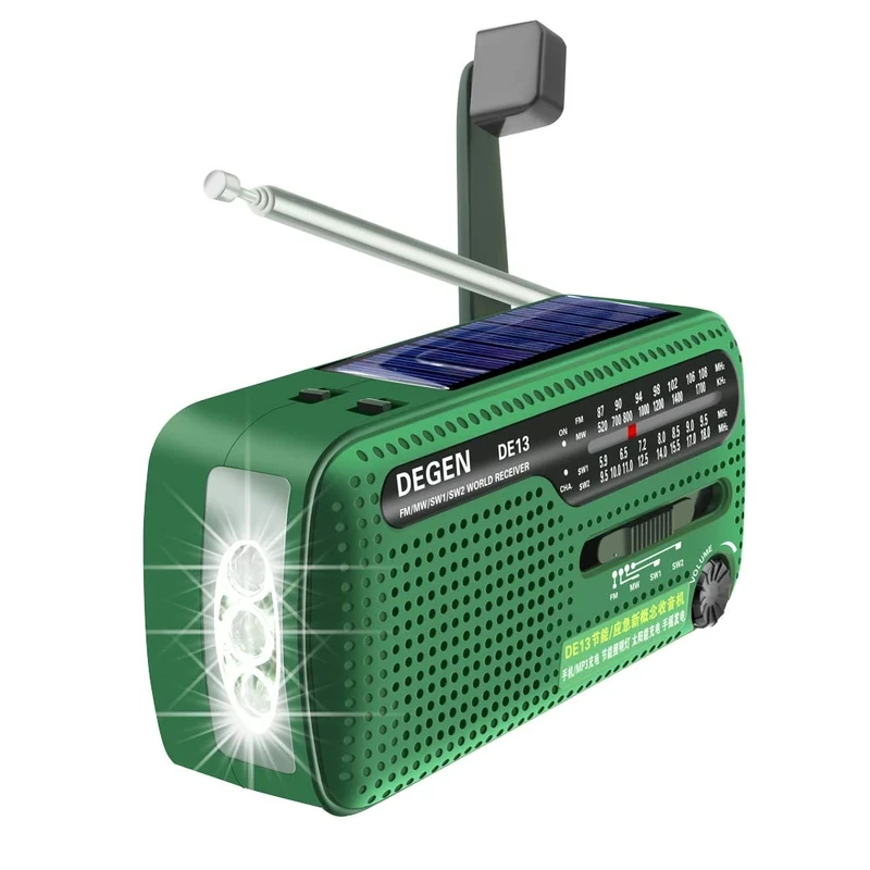 Degen DE13 Cranked Solar FM AM SW Receiver with Flashlight/SOS Alarm/Rechargeable Cell Phone for Emergency and Outdoor Use (Green)