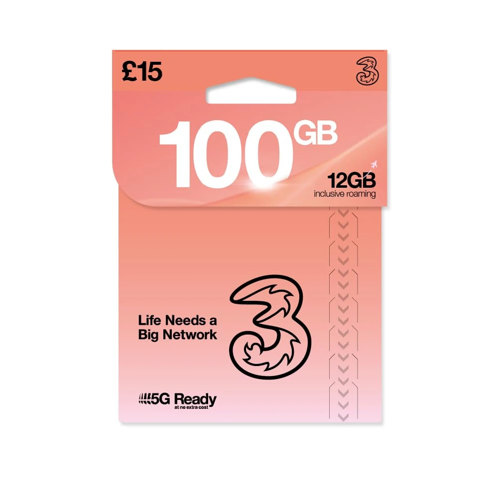love 2 surf THREE 4G/5G SIM Card UK & ROAM FREE in over 70 destinations - PREPAID PAYG £15 Bundle - 75GB + (25GB FREE DATA) Unltd Texts & Mins - ROAMING ALLOWANCE 12GB