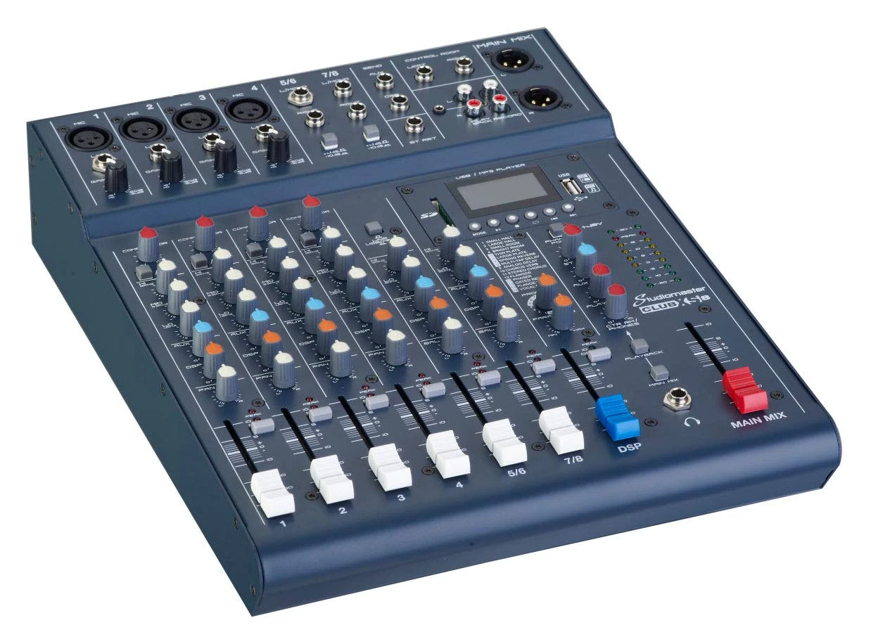 StudioMaster Club XS 8-Channel Mixer | PA Mixing Desk with Bluetooth Audio Streaming, USB/SD Media Player, Phantom Power Support, Built-in DSP Effects | Compact Live Sound & Recording Mixer with USB
