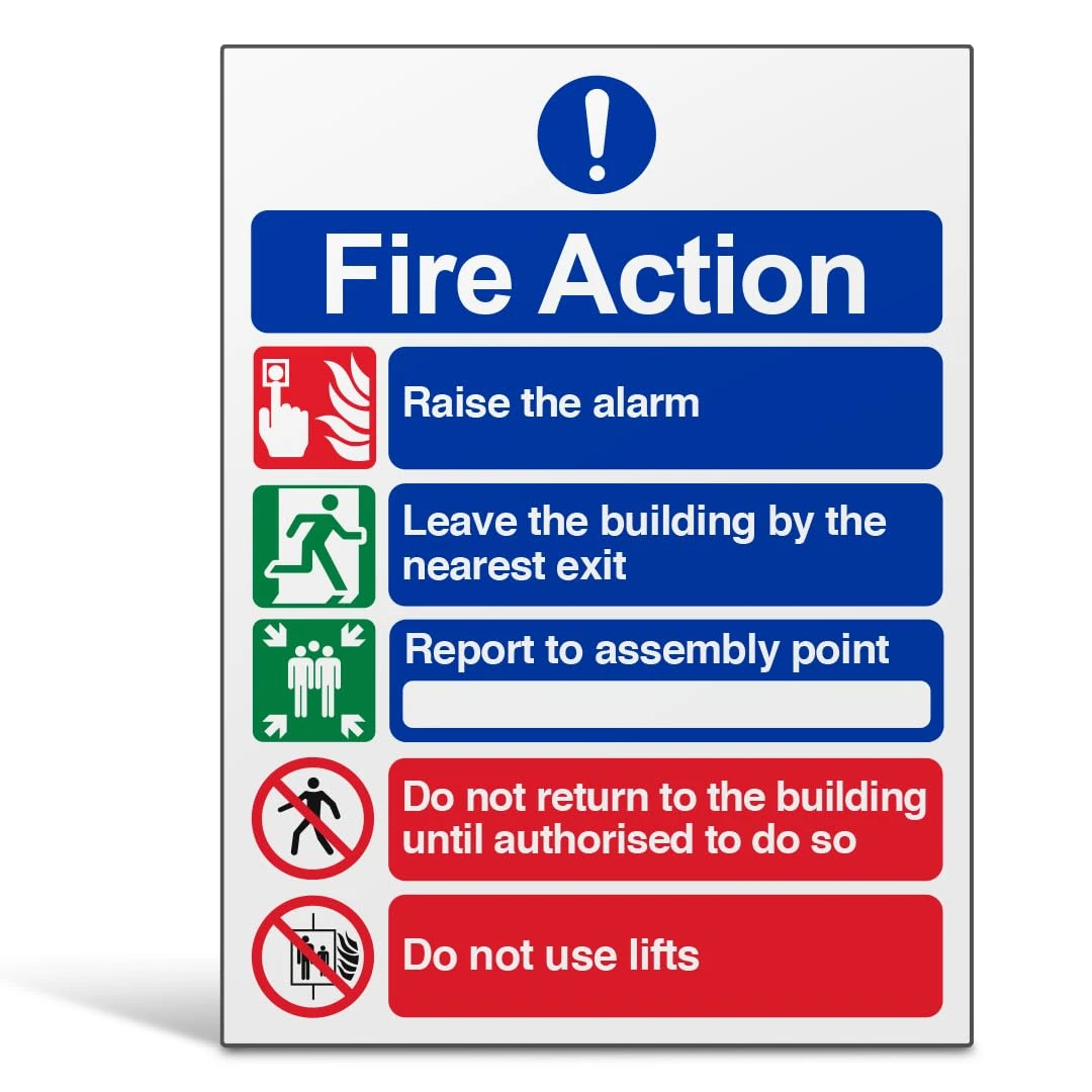 V Safety Fire Action Notice Sign - Clear 5-Step Emergency Instructions - 150mm x 200mm Portrait Safety Signage for Buildings & Offices - Durable 1mm Rigid Plastic, EN ISO 7010:2012 Compliant