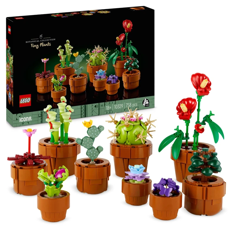 LEGO Botanicals Tiny Plants - 9 Potted Artificial Flowers Set for Indoors incl. Faux Cactuses & Red Anthurium - House Warming Gifts & Home Decor - 10329