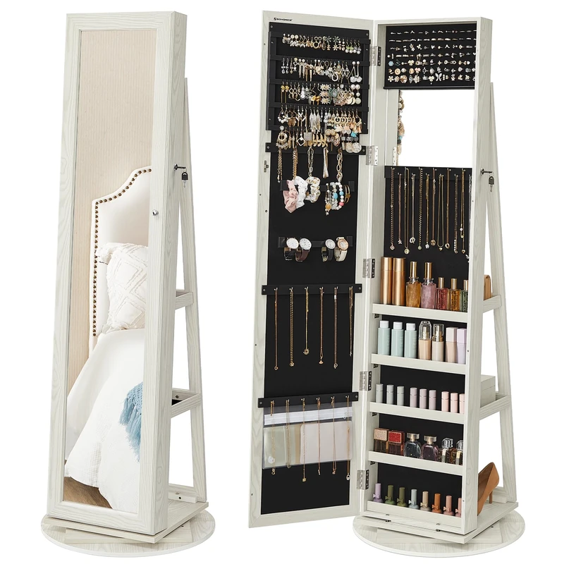 SONGMICS Jewellery Organiser, Freestanding Jewellery Cabinet with Full-Length Mirror, 360?Swivel, Storage Shelf, Lockable with Keys, for Bedroom, Gift Idea, White with Greyish Wood Grain JBC62W