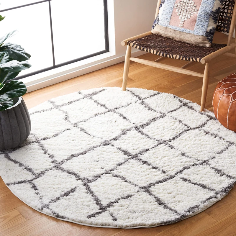 Safavieh Moroccan Shaggy Indoor Woven Round Area Rug, Berber Shag Collection, BER162, in Cream / Light Grey, 155 X 155 cm for Living Room, Bedroom or Any Indoor Space