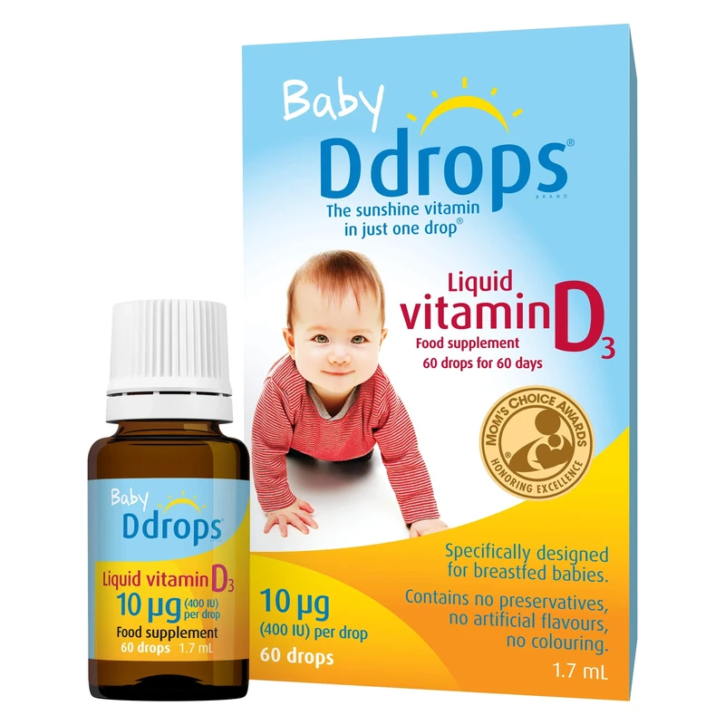 Baby Ddrops 10 µg 60 Drops - Daily Vitamin D3 Supplement for Infants and Young Children - Supports Teeth & Bone Health - No Preservatives, No Taste, Non-GMO, Allergy-Friendly.