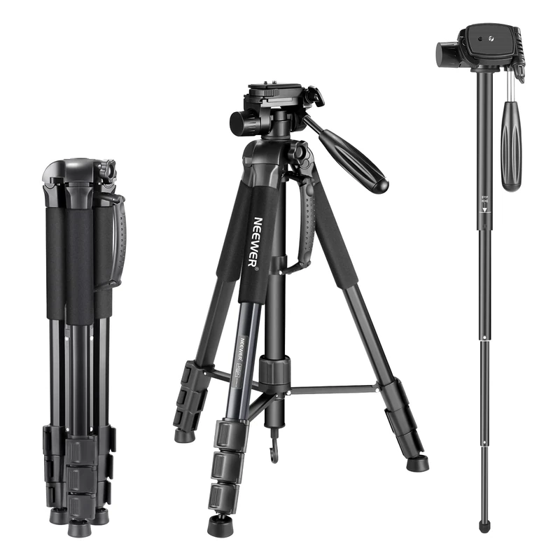 NEEWER Portable Camera Tripod for Travel Vlogging Recording, Aluminum Alloy 2 in 1 Tripod Monopod Max. 70" with 3 Way Swivel Pan Head and Carrying Bag for DSLR, DV Video Camcorder (SAB264, Black)