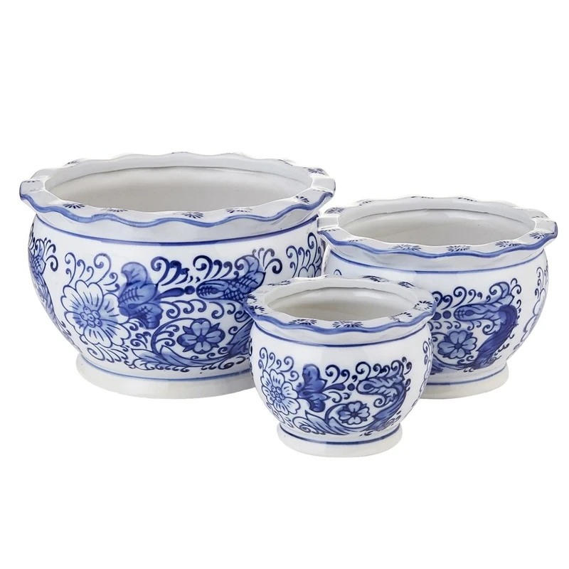 HakkaGirl Blue and White Porcelain, Flower Pots, Decorative Plant Pots for Indoor -Set of 3