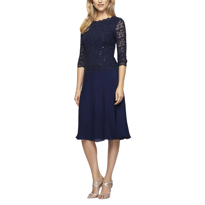 Alex Evenings Women's Tea Length Sequin Mock Dress (Petite and Regular) Special Occasion, Navy, 12