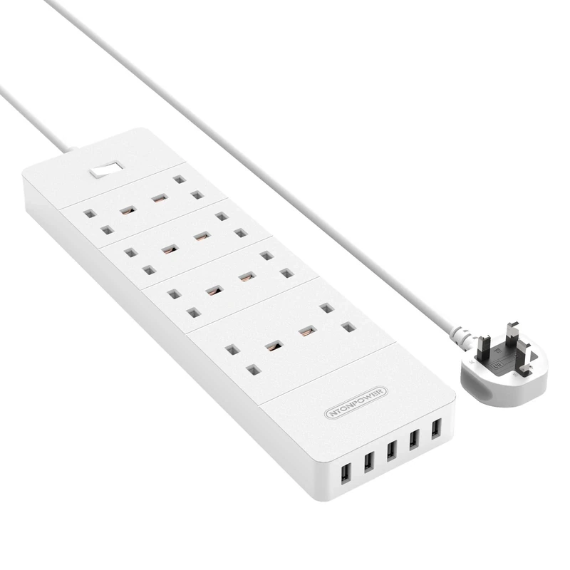 Multi Plug Extension Sockets Switched 8 Gang Electrical Outlets 13amp with 5 USB Charging Ports and 1700J Surge Protector Lightning Strikes Protection, Power Saving Large Block Extender- White