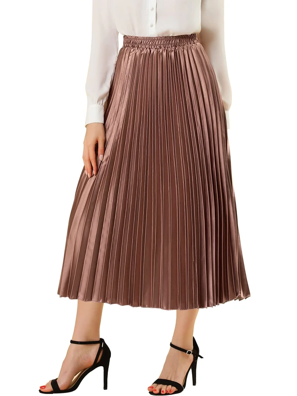 Allegra K Women's Elastic Waist Party Metallic Shiny Accordion Pleated Midi Skirt Copper XS