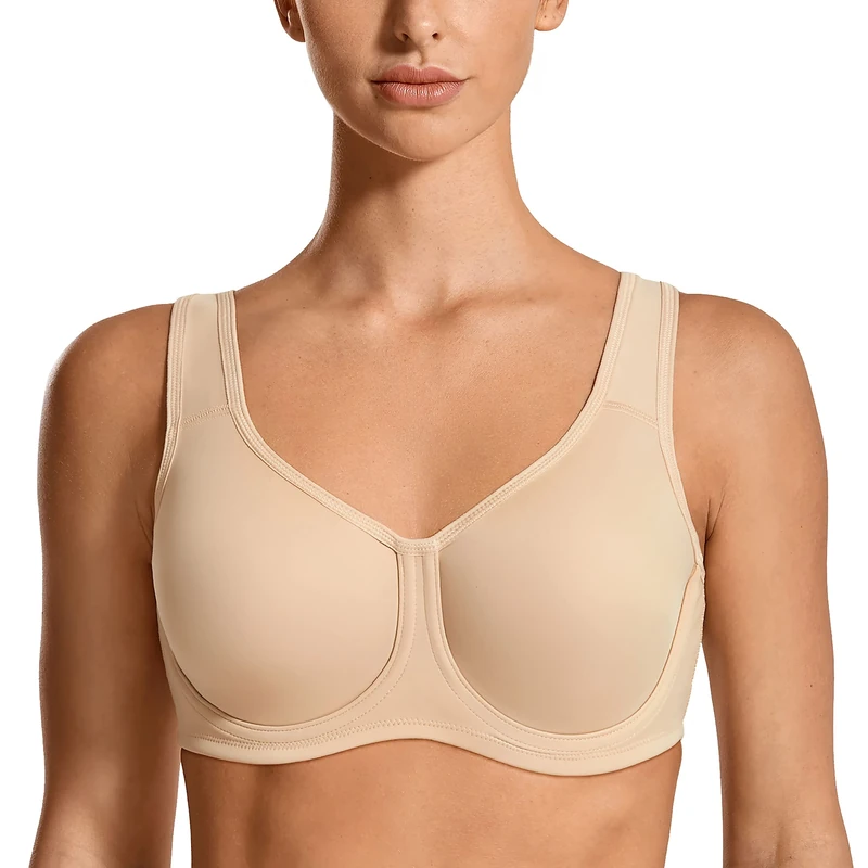 SYROKAN Women's Max Control Solid High Impact Plus Size Underwire Sports Bra Beige 36 E
