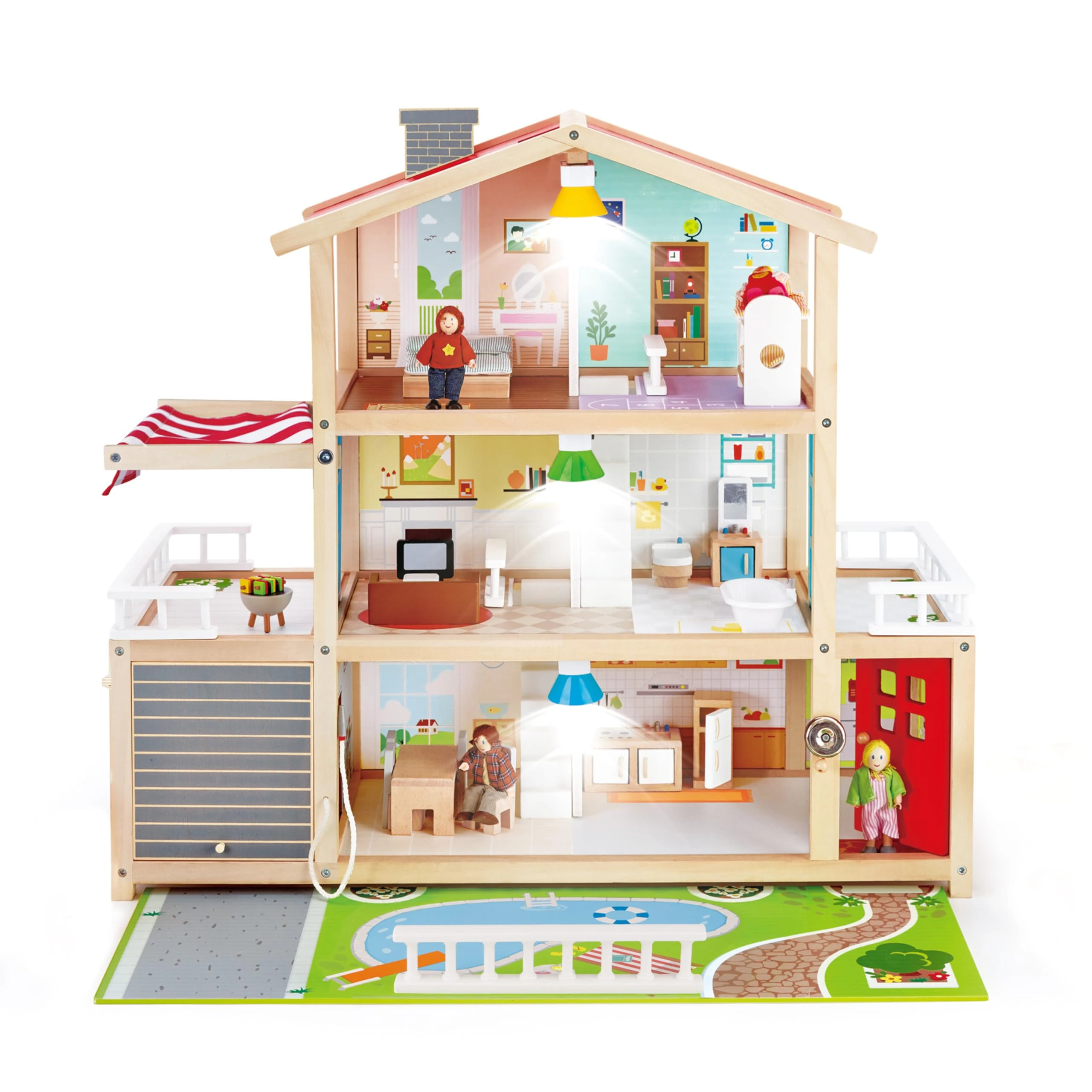 Sustainable Wood Toy, Hape Doll Family Mansion Playset With 4 Figures, 6 Rooms, 2 Balconies, 7 Room Sets and Barbecue. 3 years +