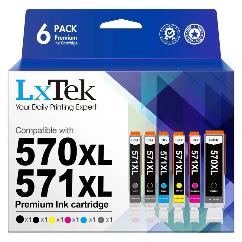 LxTek 570XL 571XL Ink Cartridge Compatible for Canon PGI-570 CLI-571 for Canon PIXMA TS5050 MG5750 TS5051 MG6850 MG5700 MG5751 TS6050 TS50532 (1PGBK 1Black 1Cyan 1Magenta 1Yellow 1Gery, 6-Pack)
