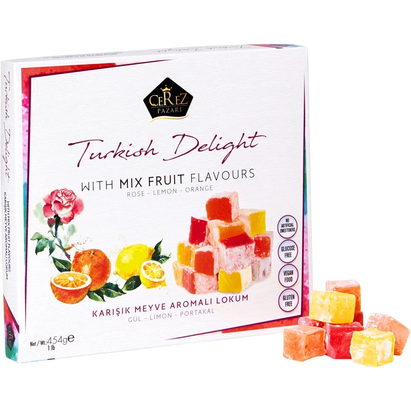 Cerez Pazari Turkish Delight with Fantastic Rose,Orange and Lemon Mix Flavors 454g (No Nuts) Luxury Lokum Candy Dessert Gourmet Box