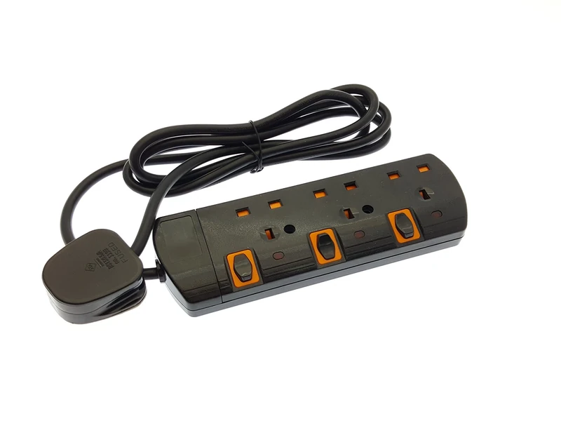 Shine SS53B Black 5m 3 Way Gang Switched Surge Protected Extension Lead with Led Indicators