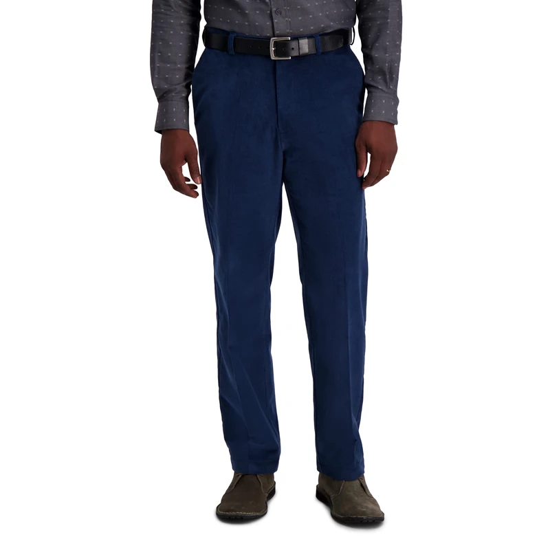 Haggar Men's Stretch Corduroy Expandable Waist Classic Fit Flat Front Pant, Cadet Blue, 34W x 30L