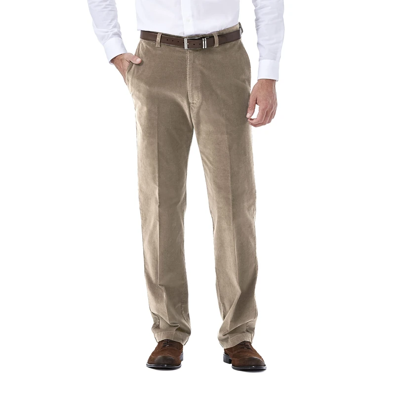 Haggar Men's Corduroy Expandable Waist Classic & Straight Fit Flat Front Pant Casual, Khaki, 36W x 31L