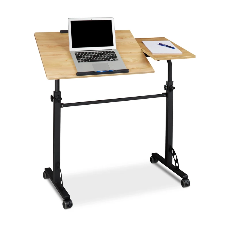 Relaxdays XXL Laptop Table Height Adjustable, 110 x 100 x 50 cm, Wood, Mobile Lecturn, Wheels with Brakes, Notebooks, Projecters, Laptops, 2 Surfaces, Oak Yellow