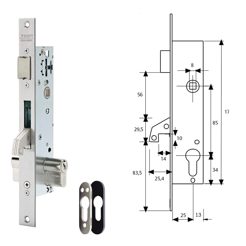 Tesa Assa Abloy 2240253 Ni Lock for Metal Profiles, Tilt Lever Hook Reinforced, Input 25 mm, Stainless Steel