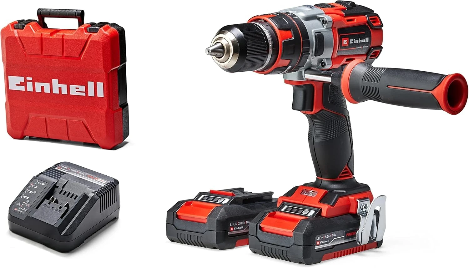 Einhell TE-CD 18 Li-i Brushless Power X-Change cordless screwdriver (with impact function, Li-Ion, 18 V, 2 speeds, 60 Nm, LED light, case, incl. 2 2.0 Ah batteries and charger)