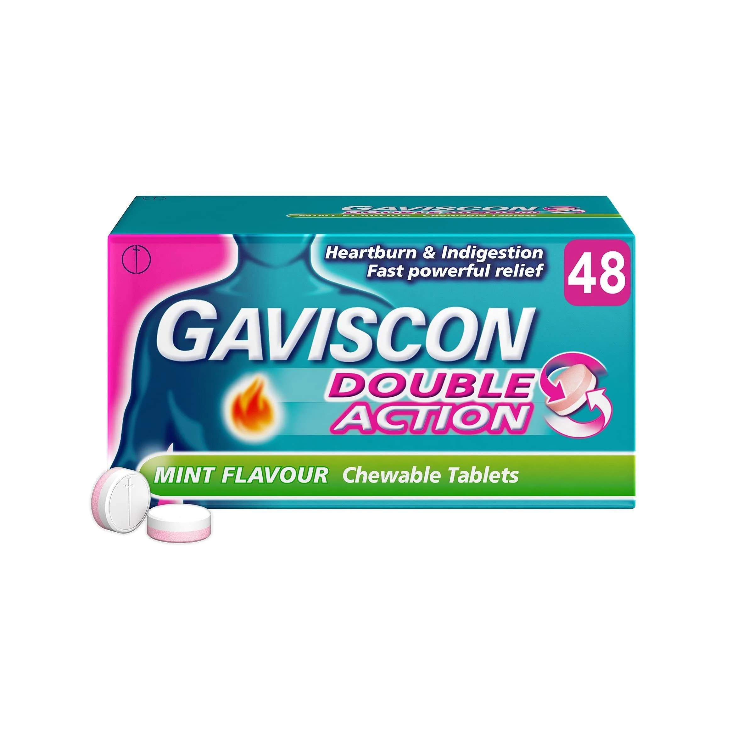 Gaviscon Double Action, Chewable tablets, Mint Flavour, flavour, 48 tablets, Heartburn & Indigestion, Fast powerful relief, Gets to work in minutes, Dual relief on the go, instant Relief