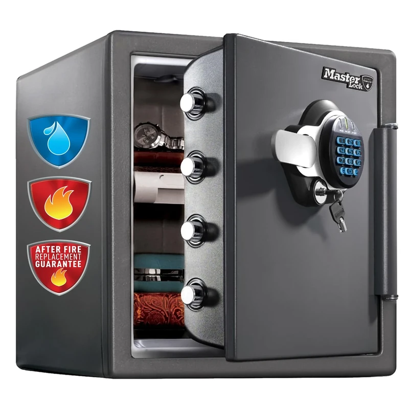 MASTER LOCK Certified Fireproof and Waterproof Safe, 33L, 453 x 415 x 491 mm, Digital Combination plus override Key with Backlit Keypad, for home and professionals, Grey Medium