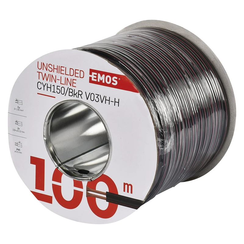 EMOS S8290 Copper Cable 2 x 1.5 mm² 100 m Double Pure Copper Wire for Low Voltage Black with Polarity Markings