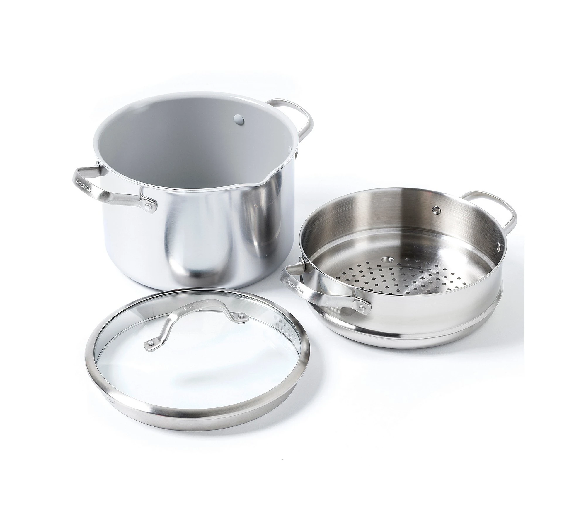 GreenPan Venice Pro Tri-Ply Stainless Steel Healthy Ceramic NonStick 24cm/7.6 L Multipurpose Boiler Stockpot with Steamer/Strainer Insert & Glass Lid, PFAS Free,Induction & Oven Safe,Silver