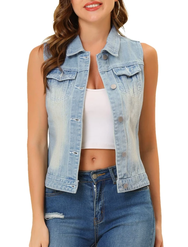 Allegra K Women's Buttoned Washed Denim Vest Jacket W Chest Flap Pockets Sky Blue XL