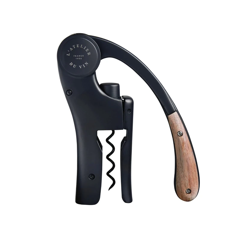 L’ATELIER DU VIN – Oeno Motion Black&Wood – Vertical Lever Corkscrew - Fast and Compact - Matte Metal & Solid Walnut - Black Color