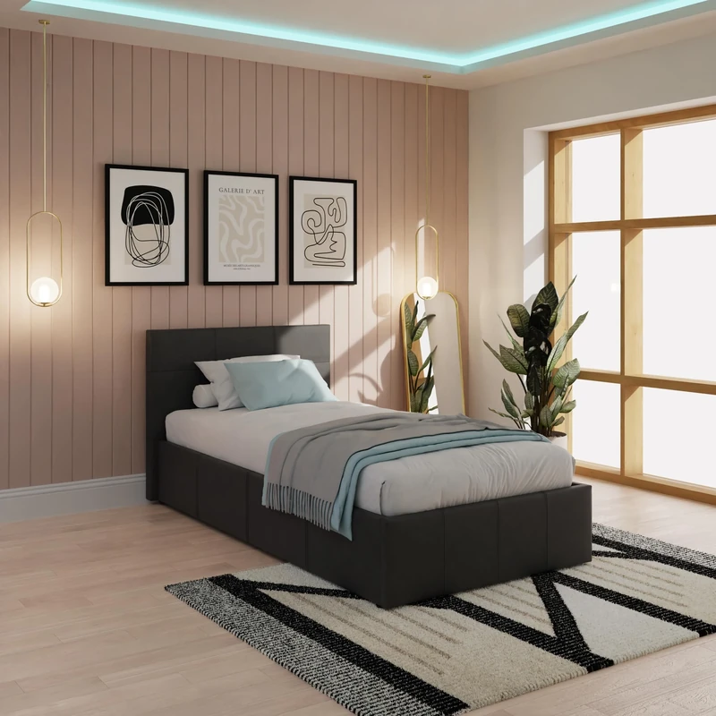 GFW Classic Leather Upholstered Ottoman Storage Bed With Gas End Lift & Under Bed Storage, Single, Faux Leather, Black