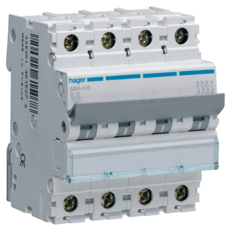 Hager M Series - Automatic Magnetic Thermal -M Curve-B 6ka 4 Poles 16a