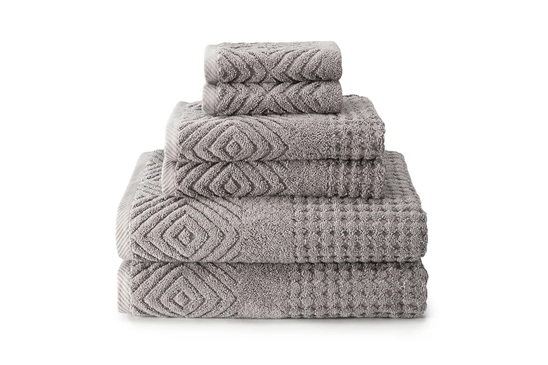 Texere 100% Organic Cotton Diamond Jacquard 700 GSM Luxury Bath Towel Sets - 2 Ultra Soft, Large Bath Towels, 2 Hand Towels, 2 Washcloths (Diamond, Cathedral Gray, 6 Piece)