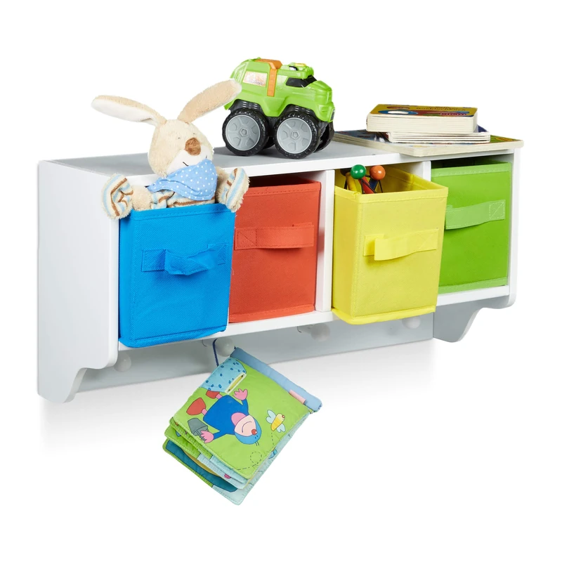 Relaxdays ALBUS Kids' Wall Storage Unit, Shelf with 4 Garment Hooks, Children's Wardrobe with 4 Colourful Folding Boxes, Size: ca 28 x 61 x 16 cm, White