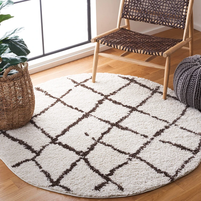 Safavieh Moroccan Shaggy Indoor Woven Round Area Rug, Berber Shag Collection, BER162, in Creme / Brown, 155 X 155 cm for Living Room, Bedroom or Any Indoor Space