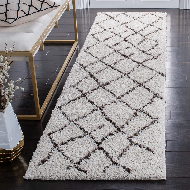 Safavieh Moroccan Shaggy Indoor Woven Runner Area Rug, Berber Shag Collection, BER162, in Creme / Brown, 69 X 244 cm for Living Room, Bedroom or Any Indoor Space