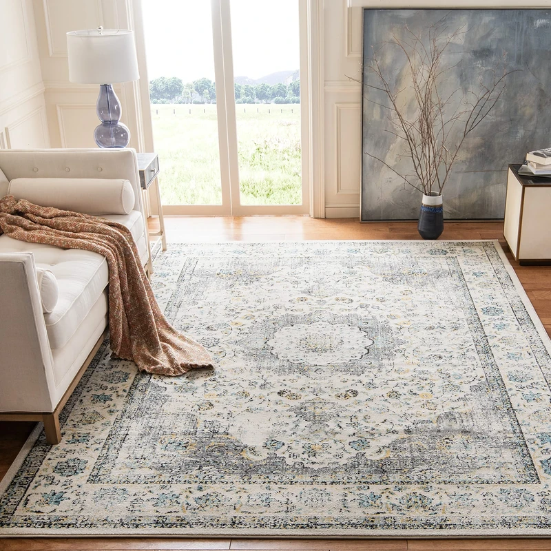 Safavieh Transitional Rug for Living Room, Dining Room, Bedroom - Evoke Collection, Short Pile, in Grey and Gold, 91 X 152 cm