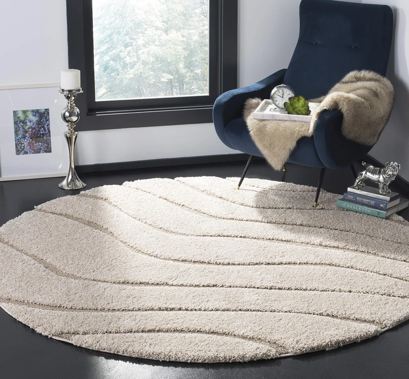 Safavieh Shag Rug for Living Room, Dining Room, Bedroom - Florida Shag Collection, High Pile, in Cream and Beige, 200 x 200 cm
