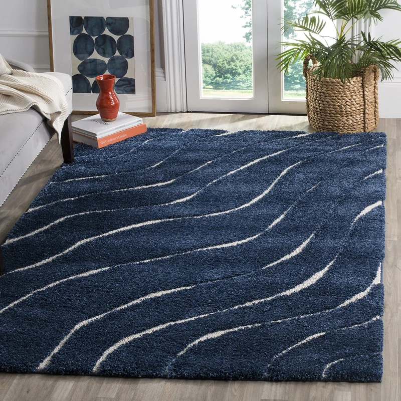 SAFAVIEH Shaggy Rug for Living Room, Dining Room, Bedroom - Florida Shag Collection, High Pile, in Dark Blue and Cream, 160 X 229 cm