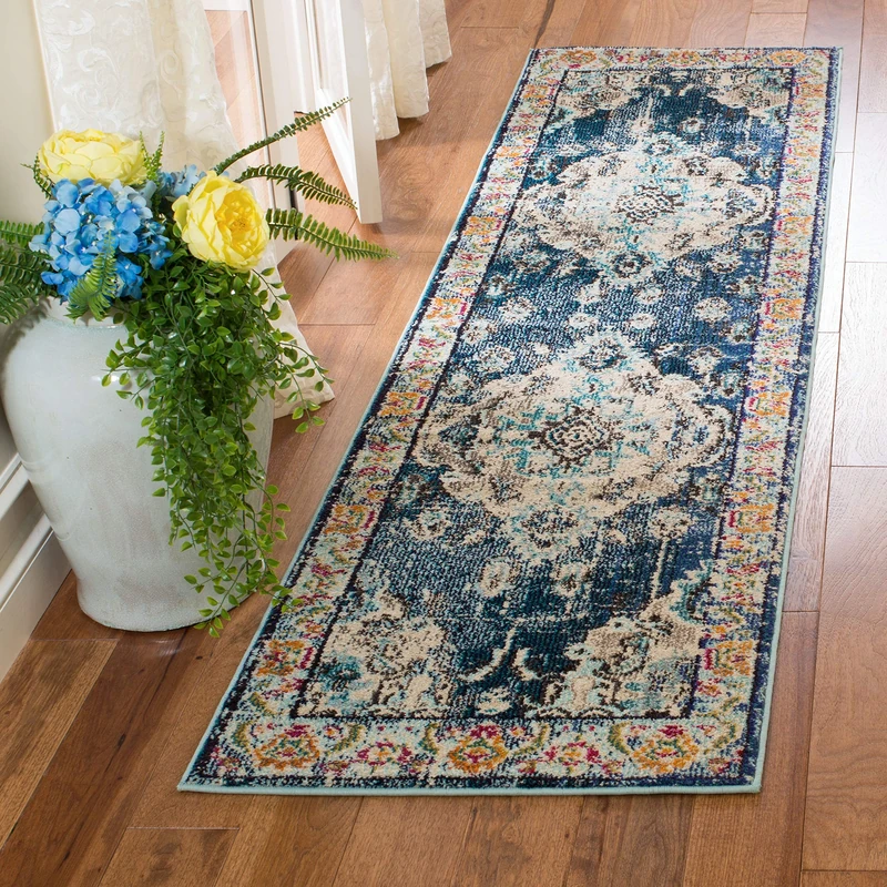 Safavieh Boho Chic Indoor Woven Runner Area Rug, Monaco Collection, MNC243, in Navy / Light Blue, 66 X 244 cm for Living Room, Bedroom or Any Indoor Space