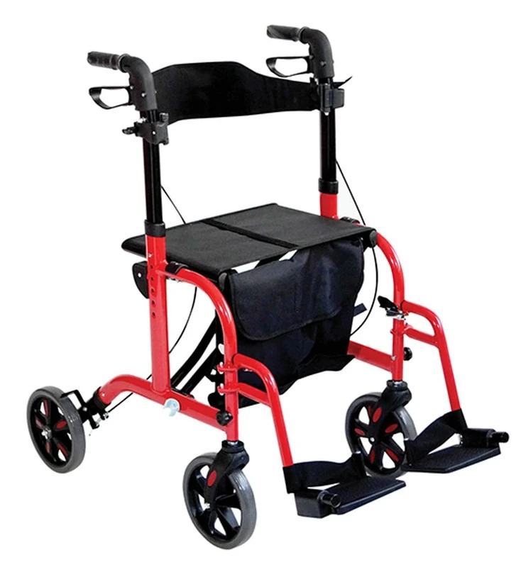 Aidapt Duo Deluxe Red Folding Light Weight 4 Wheeled Rollator Transit Chair Mobility Aid with Seat, Foot Plates, Carry Bag, Lockable Brakes and Puncture Proof Tyres for Indoor and Outdoor use.