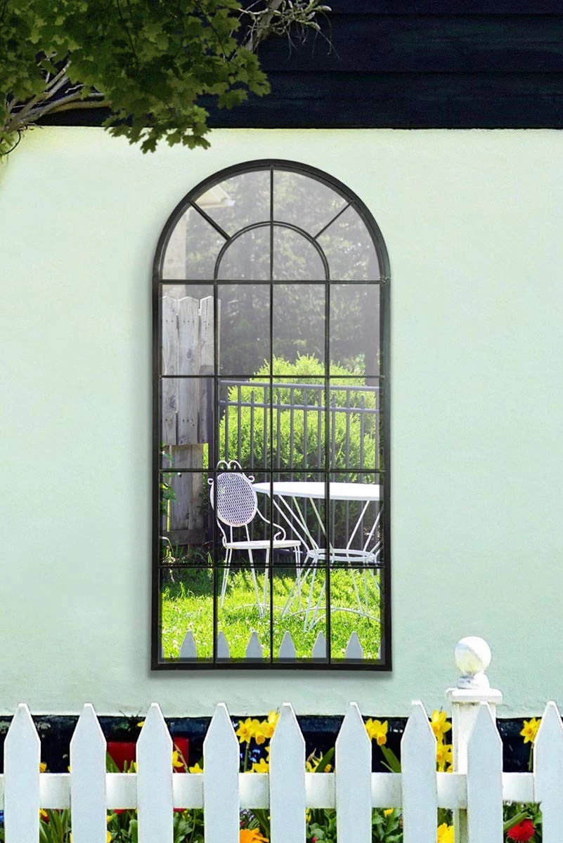 MirrorOutlet Large New Black Multi Panelled Arched Window Garden Outdoor Mirror 4ft7 x 2ft2,140 x 65 cm
