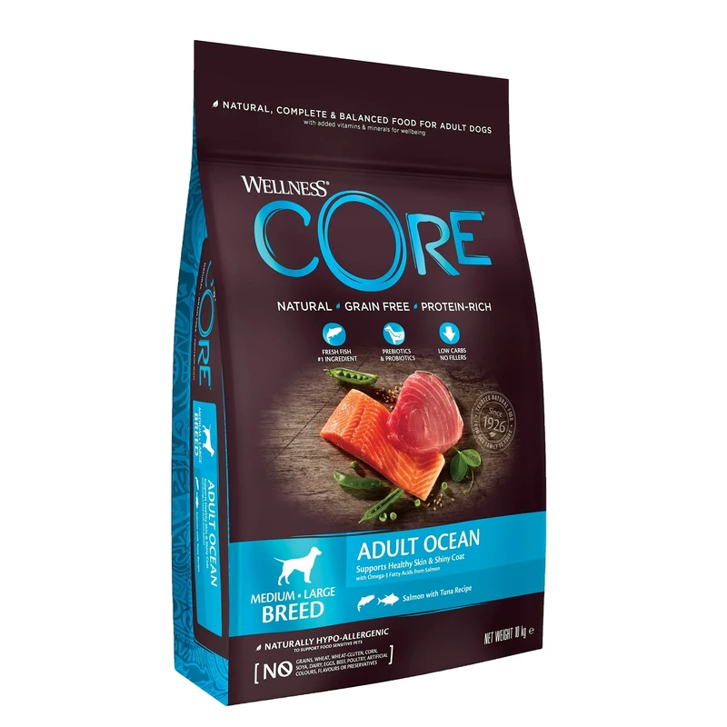 Wellness CORE Ocean 10 kg, Salmon & Tuna – Dry Dog Food for Medium to Large Breeds, Grain-Free, Natural, Hypoallergenic, Protein-Rich, High Fish Content, Supports Healthy Skin & Shiny Coat
